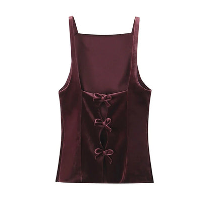 Women's Strappy Tank Tops with Back Bow, Straight Neck, Side Zipper, Female Camis, Sexy Fashion