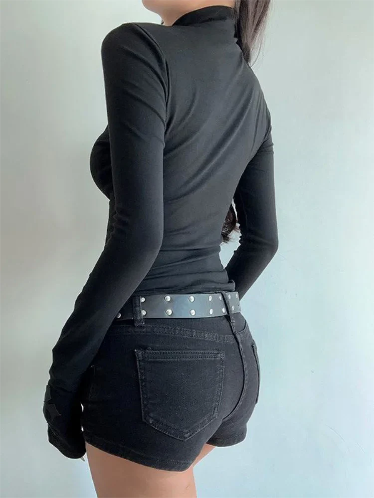 Blusa Gola Alta Y2k Roupa Gótica Preta Cruz Vazada Blusa Fina Camisa Base Feminina Manga Comprida Camiseta Sexy Blusas para Meninas