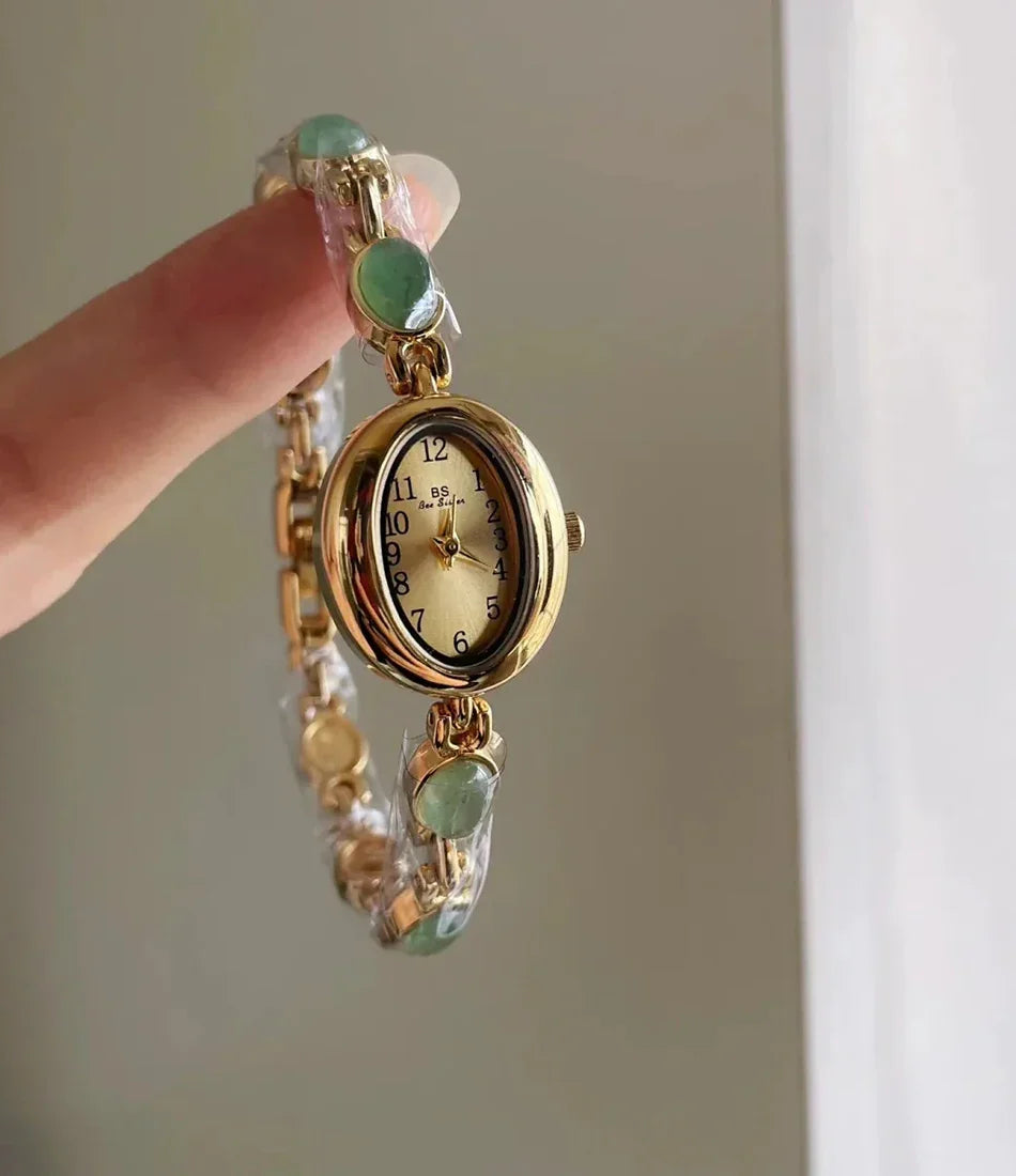 Luxury Vintage Quartz Women's Watches Fashion Natural Green Jade Bracelet Clock Numerals Small Oval Dial Watch Woman Accesories