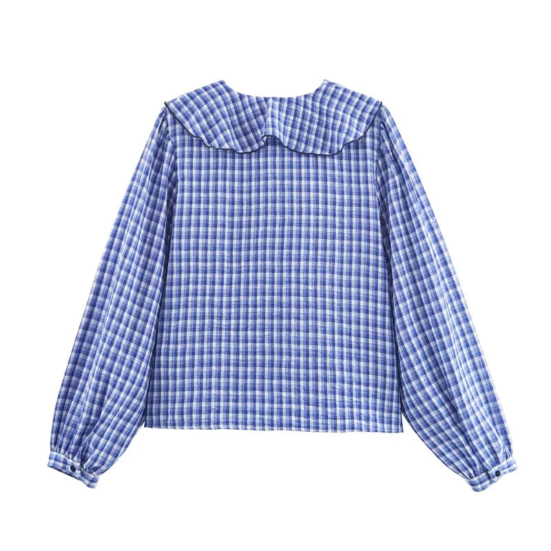 Elegant Fashion Chidori Plaid Ruffles Chiffon Shirt Spring 2025 Ruffled Neck Long Butterfly Sleeve Loose Tops Women's Clothing
