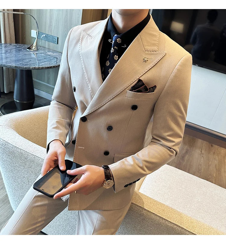 (Jackets+Pants) Luxury Double Breasted Design Slim Fit Suit High Quality Fashion Men's Wedding Social Suit Tuxedo 2 Piece Set