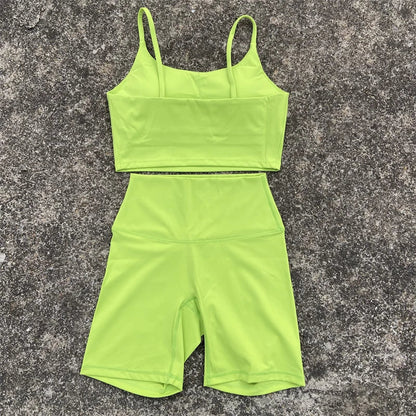 2 Piece Yoga Shorts Set Gym Sports Set Women Workout Clothes Fitness Suit Thin Strap Bra Top High Waist Shorts Running Tracksuit