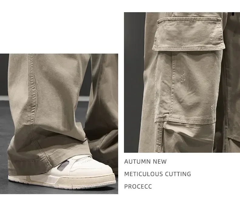 Autumn New Wide Leg Pocket Cargo Pants Men Trousers Neutral Loose Casual Cotton Straight Outdoor Fashion Pants Big Size 8xl