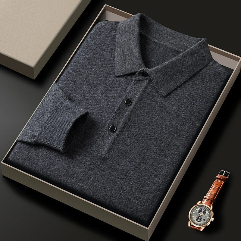 Fashion luxury knitted long sleeve polo shirt men's autumn new trend simple solid color soft skin friendly comfort lapel sweater