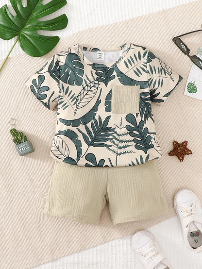 2PCS Kid Boy Clothes Set Short Sleeves Leaf Print Pocket Style T-shirt+Shorts Summer Casual Outfit For Child Boy 4-7 Years