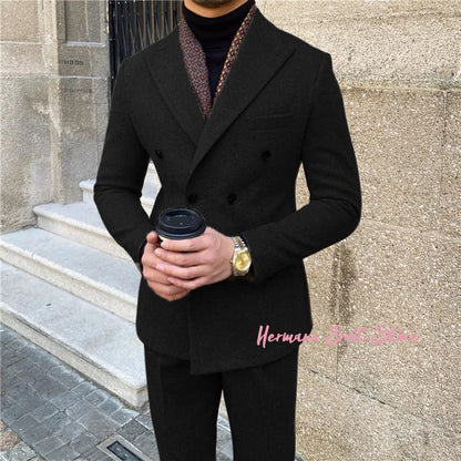 Wool Blend Men's 2 Piece Suit Set（Jacket+Pants) Double Breasted Lapel Suit Set Wedding  Prom Dinner Wrok Travel Dinner Banquet