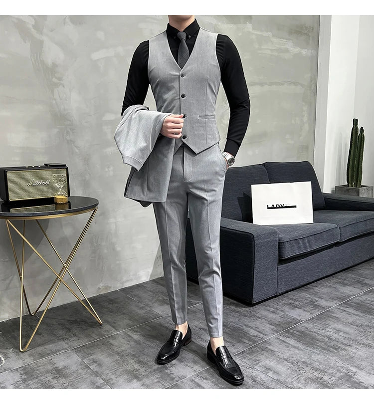 ( Blazer + Vest + Pants ) Boutique Fashion Solid Color Men's Slim Casual Business Suit Three-piece Set Groom Wedding Dress Party