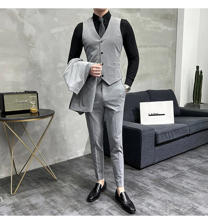 ( Blazer + Vest + Pants ) Boutique Fashion Solid Color Men's Slim Casual Business Suit Three-piece Set Groom Wedding Dress Party