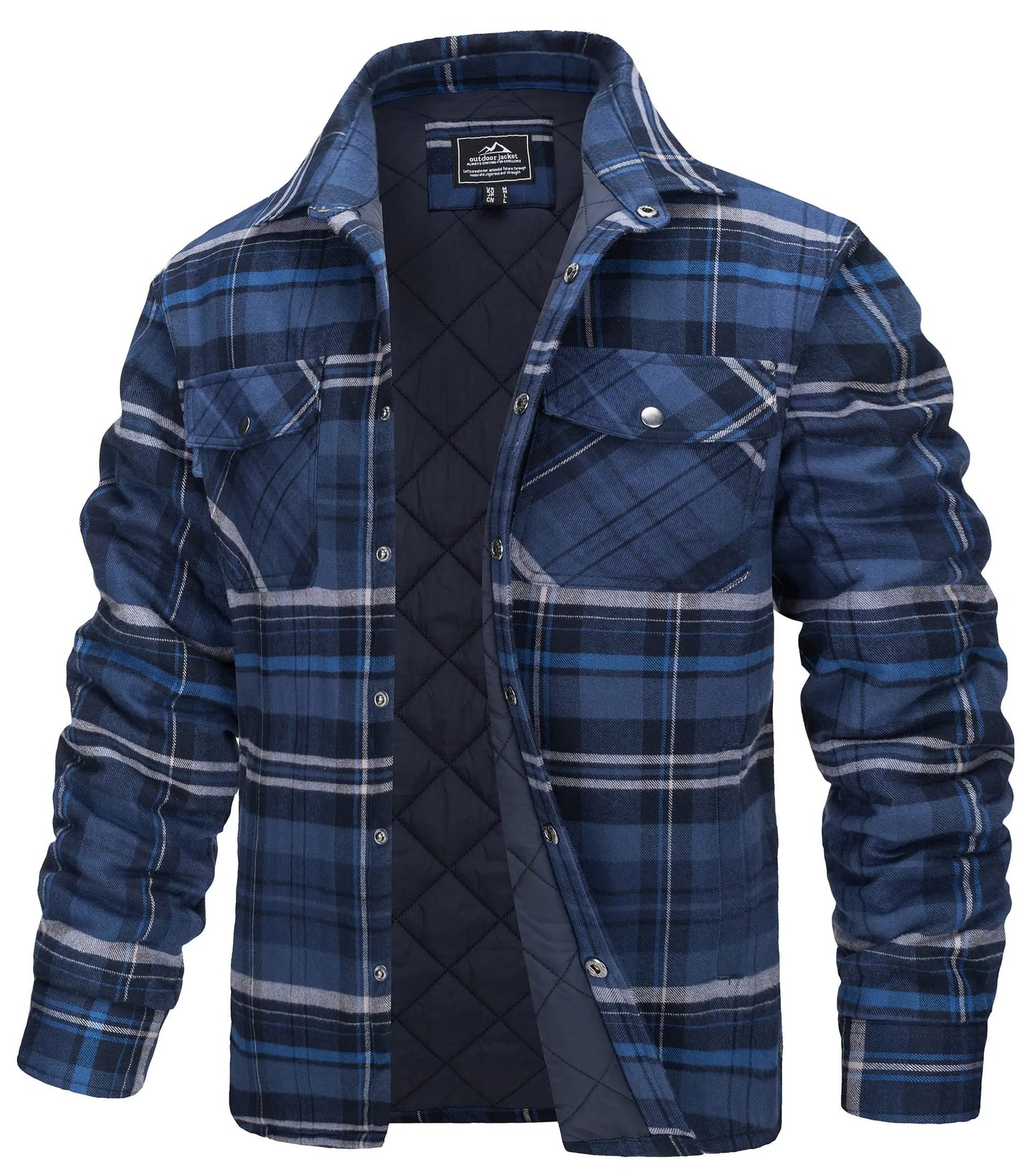 Winter Plaid Cotton Jackets Mens Long Sleeve Quilted Lined Flannel Shirt Jacket Multi-Pockets Outwear Hiking Coats Tops
