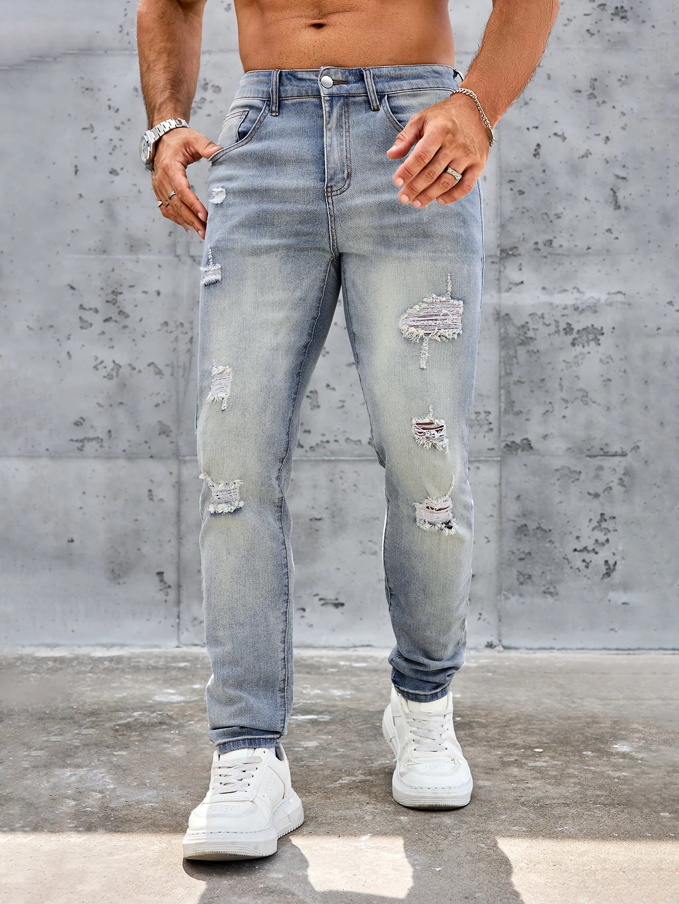 Men's Casual Slim Fit Stretch Jeans-Ripped Blue Denim Trousers Spring and Summer Pants Elastane Fabric