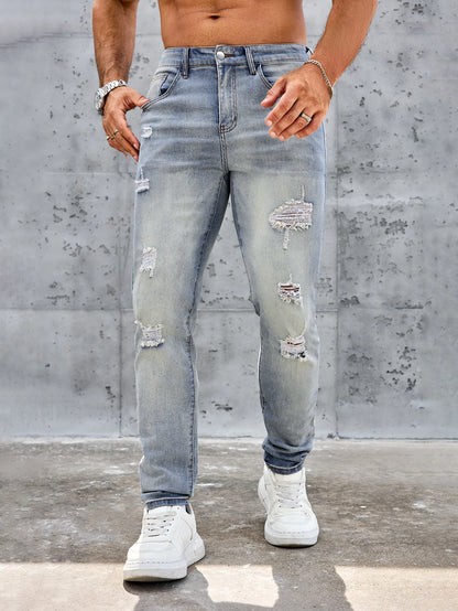 Men's Casual Slim Fit Stretch Jeans-Ripped Blue Denim Trousers Spring and Summer Pants Elastane Fabric