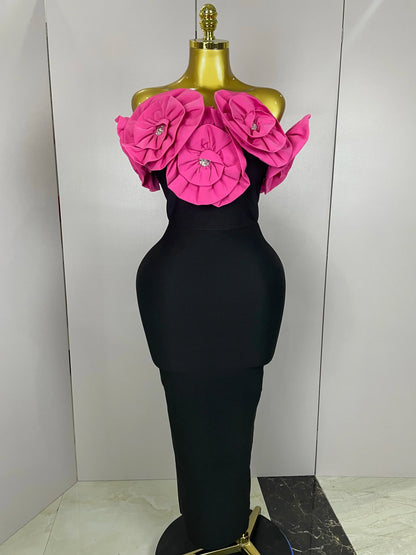 Red Flowers Sexy Off The Shoulder Ankle Lenght Bandage Dress Woman Birthday Party Vestido Wedding Party Outfit