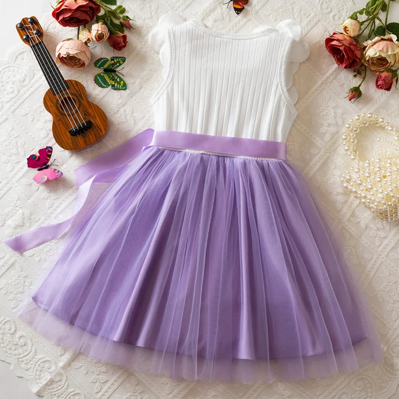 Vestido de Aniversário Infantil Menina Sem Mangas Elegante Flor 3D Tule Princesa Vestido de Verão 3-7 Anos Malha Doce Roupa Presente de Aniversário