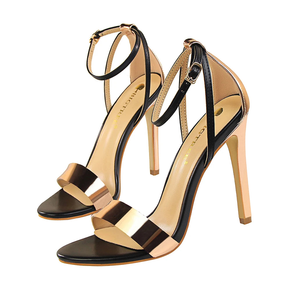 Women Black-White Concise Leather 11cm High Heels Sandals Lady Adjustable Ankle Buckle Shoes Female Fashion Party Dress Shoes