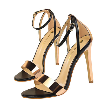 Women Black-White Concise Leather 11cm High Heels Sandals Lady Adjustable Ankle Buckle Shoes Female Fashion Party Dress Shoes