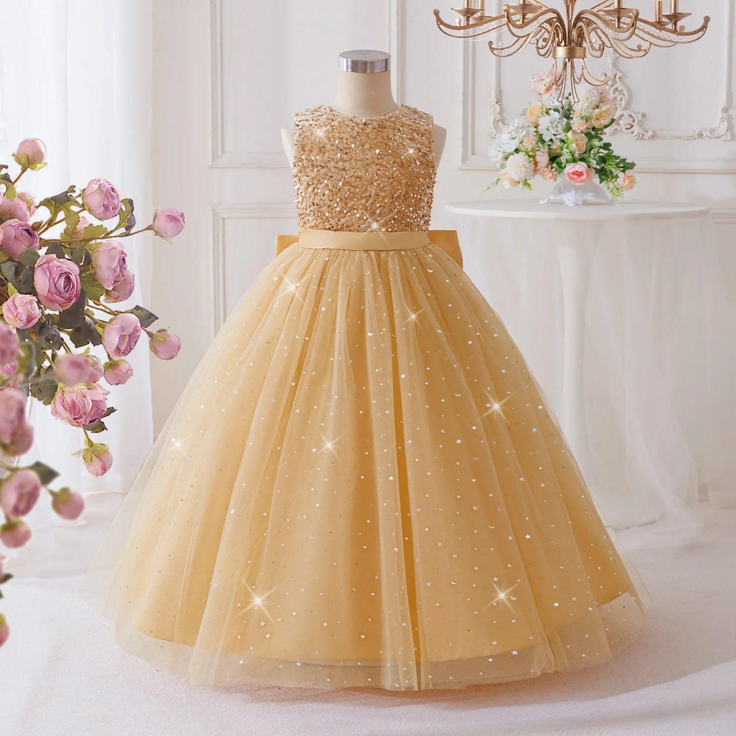 Vestidos de Festa de Daminha de Verão com Lantejoulas para Meninas Elegante Laço Vestido de Aniversário de Casamento para Meninas Baile de Formatura Gala Concurso Noite Roupa Infantil