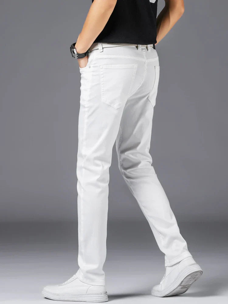 Spring Summer White Slim Fit Jeans Men Casual Thin Straight Leg Stretch Denim Pants Solid Color Streetwear Daily Wear Trousers