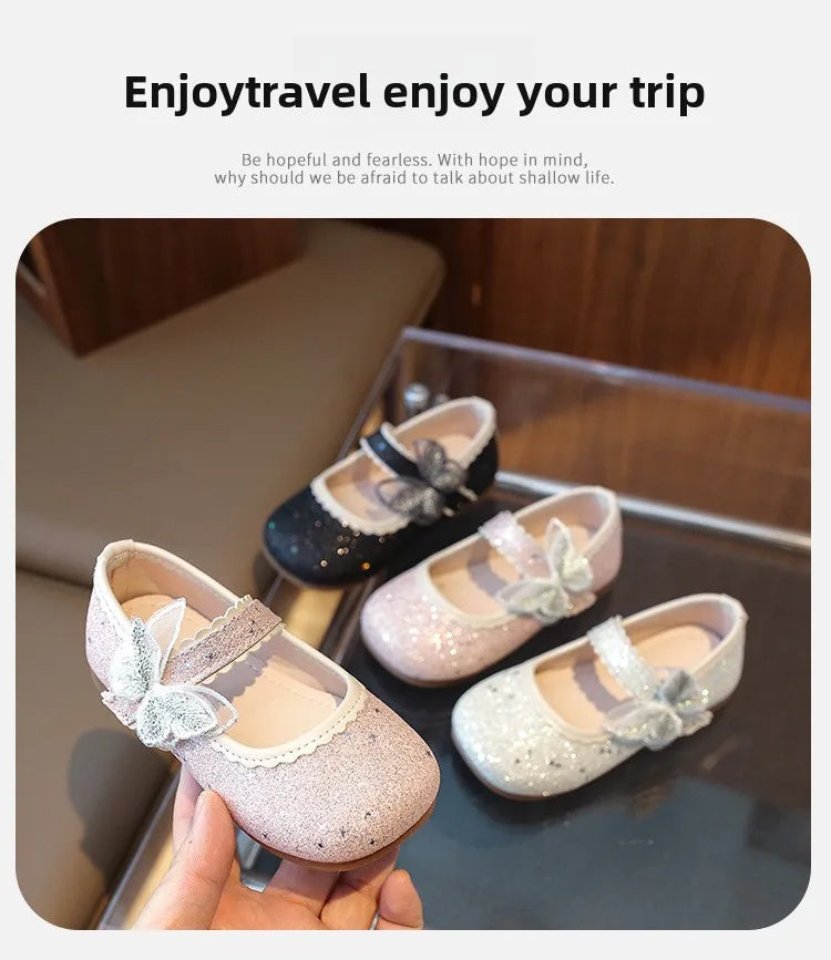 New Girls Princess Shoes Fashion Children's Bow Rhinestone Sequin Kids Shoes Baby Party Student Flat Performance Shoes