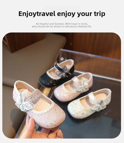 New Girls Princess Shoes Fashion Children's Bow Rhinestone Sequin Kids Shoes Baby Party Student Flat Performance Shoes