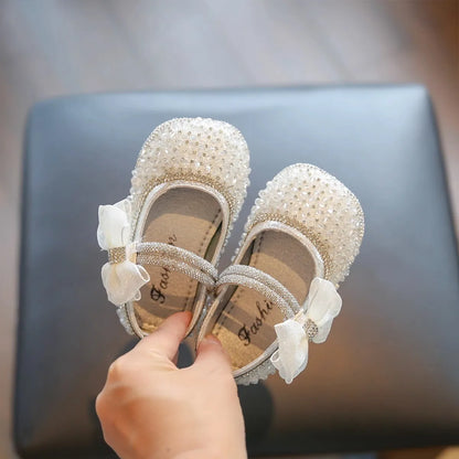 Girls Walking Shoes Lace Mesh Bows Kids Princess Shoes Non-slip Shiny Sequins 2025 New Children Flat Shoes Soft Sole Non-slip
