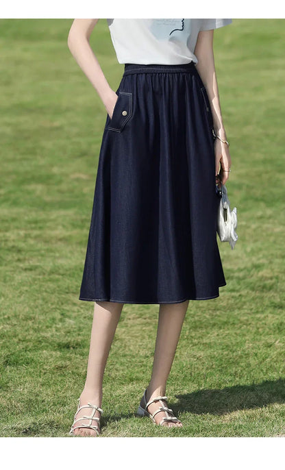 Dark Blue Denim Midi Skirt for Women 2026 Spring Elastic Waist Skirts Casual A-Line Skirt with Pockets 2261026207