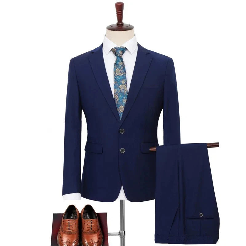 Plus Size Men‘s Suits Elegant Single Breasted Business Jacket Pants For Host Groom Groomsmen Grey Black Navy 2-Piece Suit Set