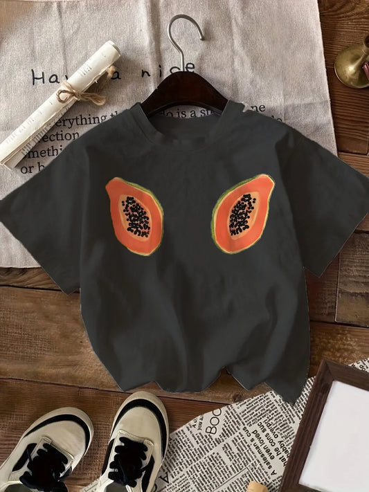 Summer American Retro Ins Papaya Print Round Neck Short Sleeve T-shirt New Style 2025 Suitable for Women Daily Clothing Tops