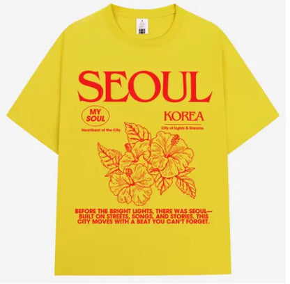 Korean Style Men Women Hibiscus Print Cotton Short Sleeve T-shirt,Oversized Harajuku Street Casual Tops