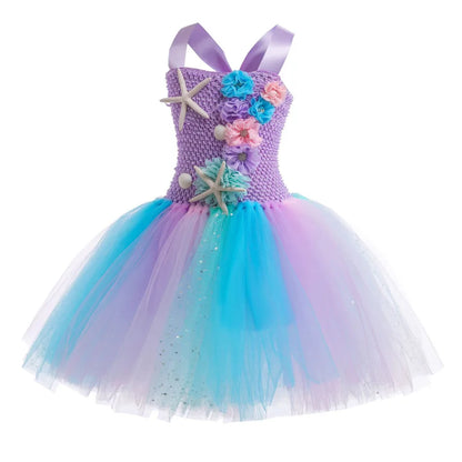 1-12 anos Vestido Tutu de Sereia Fofo com Apliques de Estrela-do-mar Coral, Vestido de Princesa Elegante Ombro a Ombro, Vestido Bufante para Festa de Aniversário de Criança