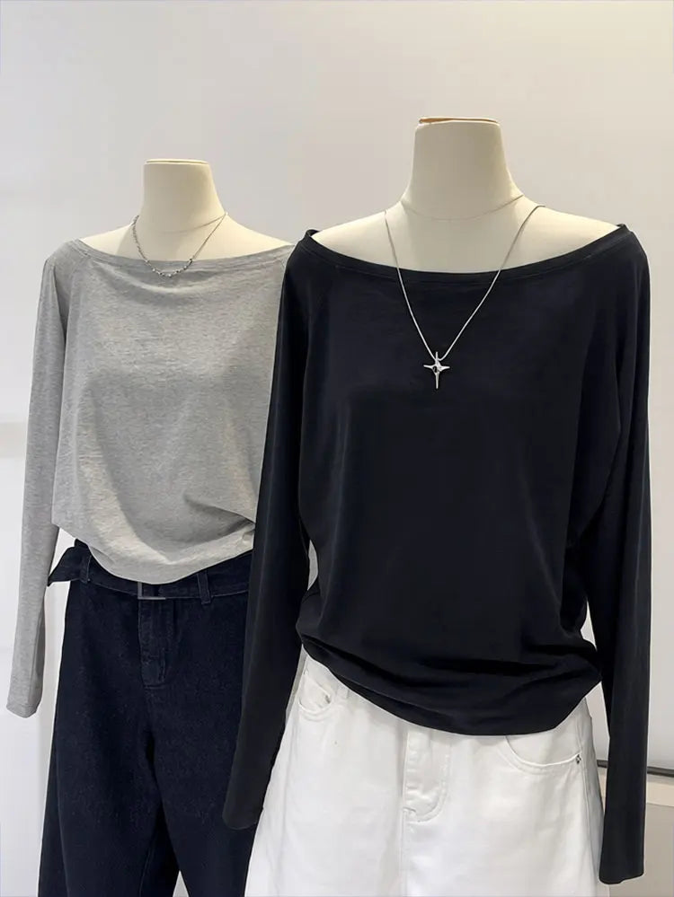 Off the shoulder Long sleeve T shirt Women Spring Autumn Loose Sexy One Shoulder Top Lady Casual Basic Tees School Preppy Blouse