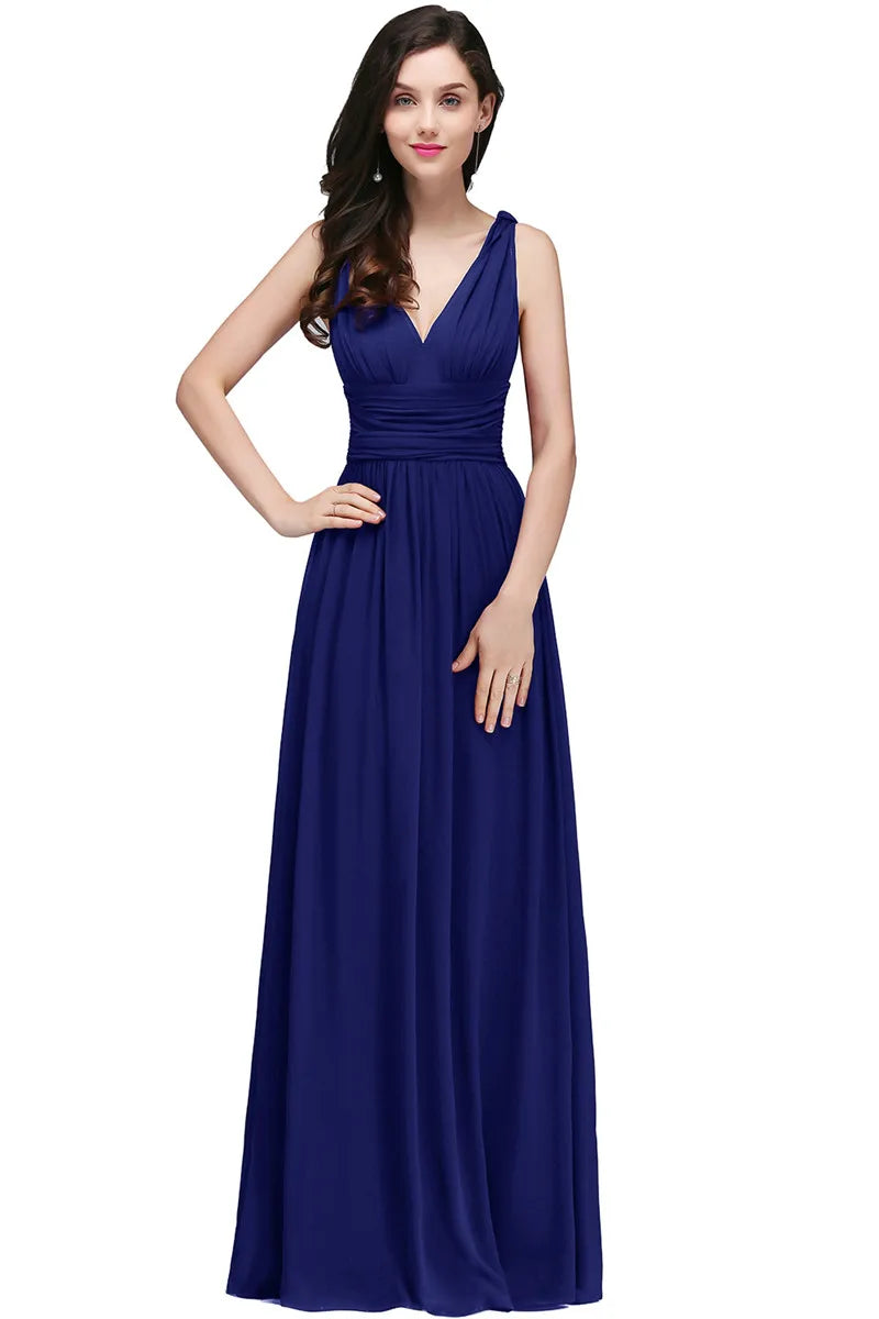 Elegant Burgundy V Neck Long Evening Dresses Summer Sleeveless Chiffon Ruched Formal Wedding Party Prom Gowns Vestido De Fiesta
