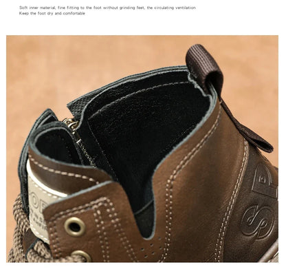 New MEN'S BOOTS with Retro Style Leather Boots, Thick Soles, Wear-resistant MEN'S High Top Casual Shoes, Side Zippers