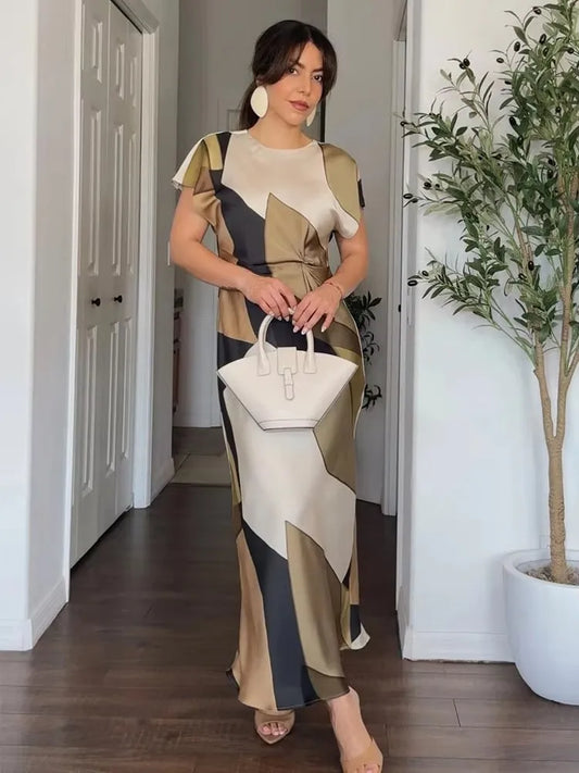 Summer Women Dress Fashion Vintage Print O-Neck Midi Dress Waist Cinched Casual Chic Woman Elegant Dresses