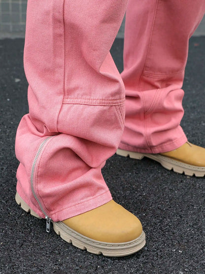 Men's Pink Patchwork Flared Jeans, Street Trend, Suitable for All Seasons