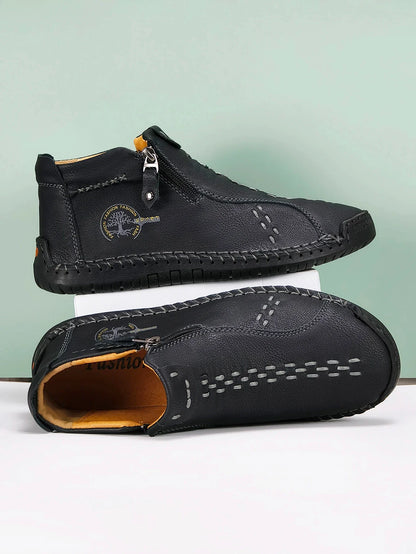 Sapatos Masculinos Clássicos de Couro Feitos à Mão, Design com Zíper, Tênis Esportivos para o Ar Livre, Sapatos Casuais Respiráveis com Elástico, Botas Masculinas de Couro no Tornozelo