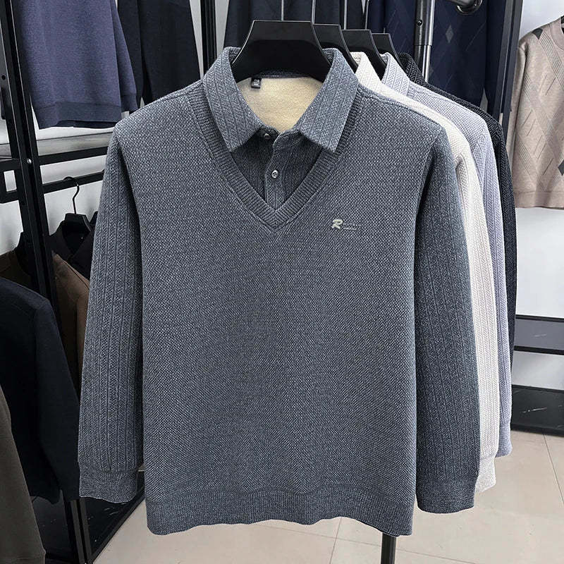 Winter Men's Vacation Two-piece Thick Woolen Sweater with A Warm Collar and Knitted Polo Base for Middle-aged and Elderly People