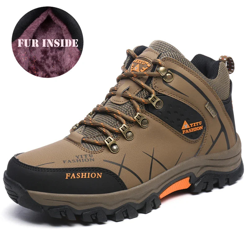 Winter Warm Cotton Shoes Men Outdoor Leather Black Casual Shoes Fur Sneakers High Top Rubber Ankle Boots Male Hiking Trekking 46