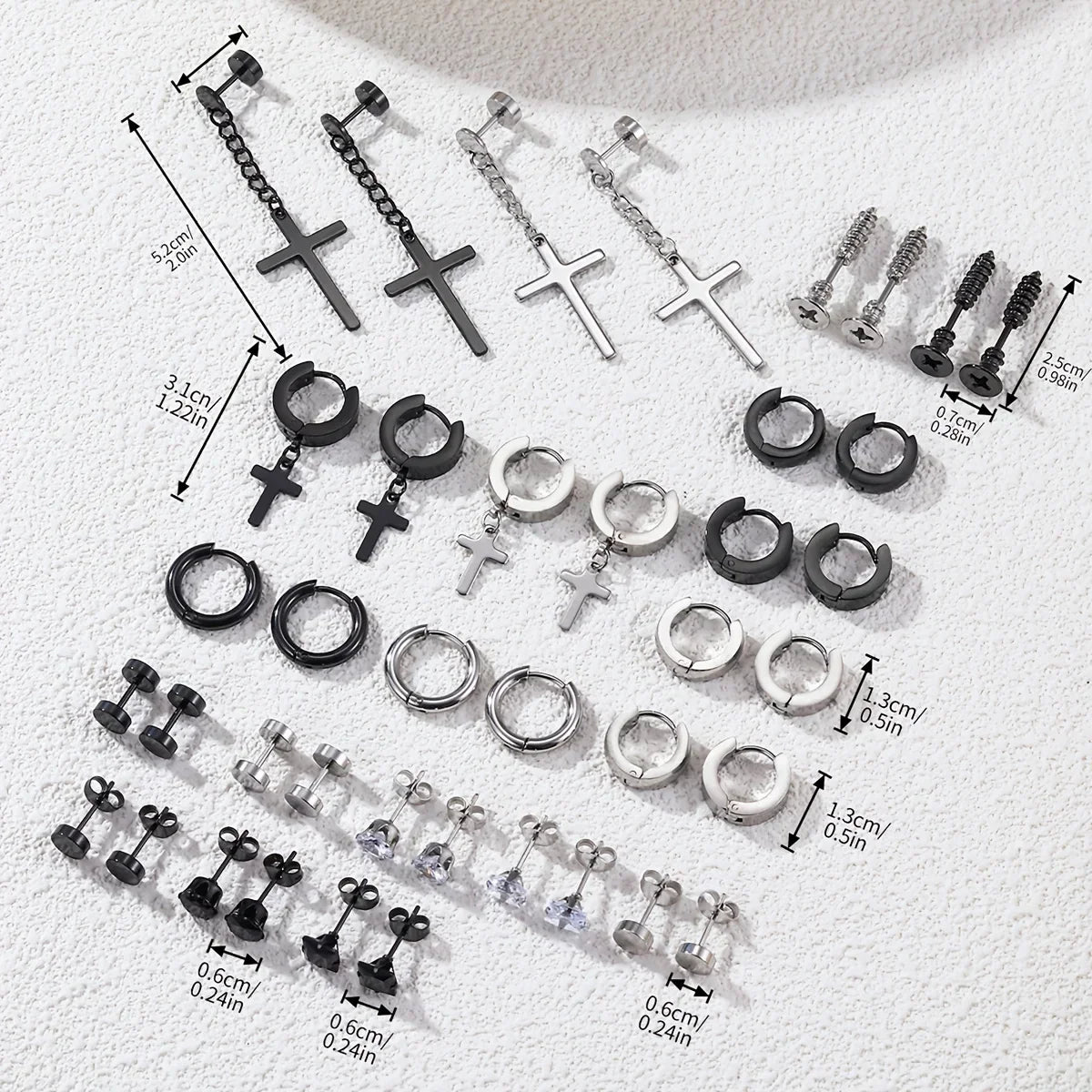 Simple Stainless Steel Zircon Stud Earrings For Men, Cross Pendant Hoop Earrings For Daily Wear