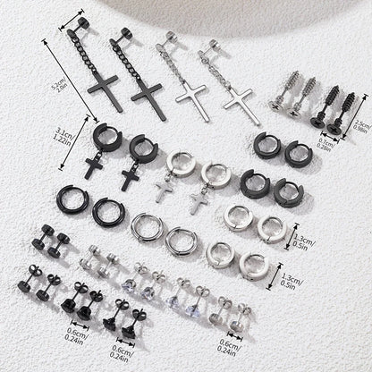 Simple Stainless Steel Zircon Stud Earrings For Men, Cross Pendant Hoop Earrings For Daily Wear