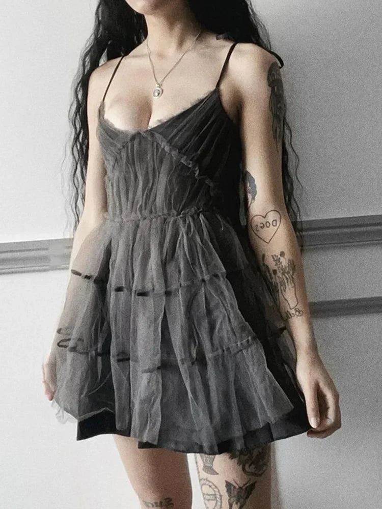 Dark Gothic Elegant Dress Women Emo Alt Vintage Mesh Patchwork Lace Up High Waist Dress Y2k Harajuku Mall Goth Partywear