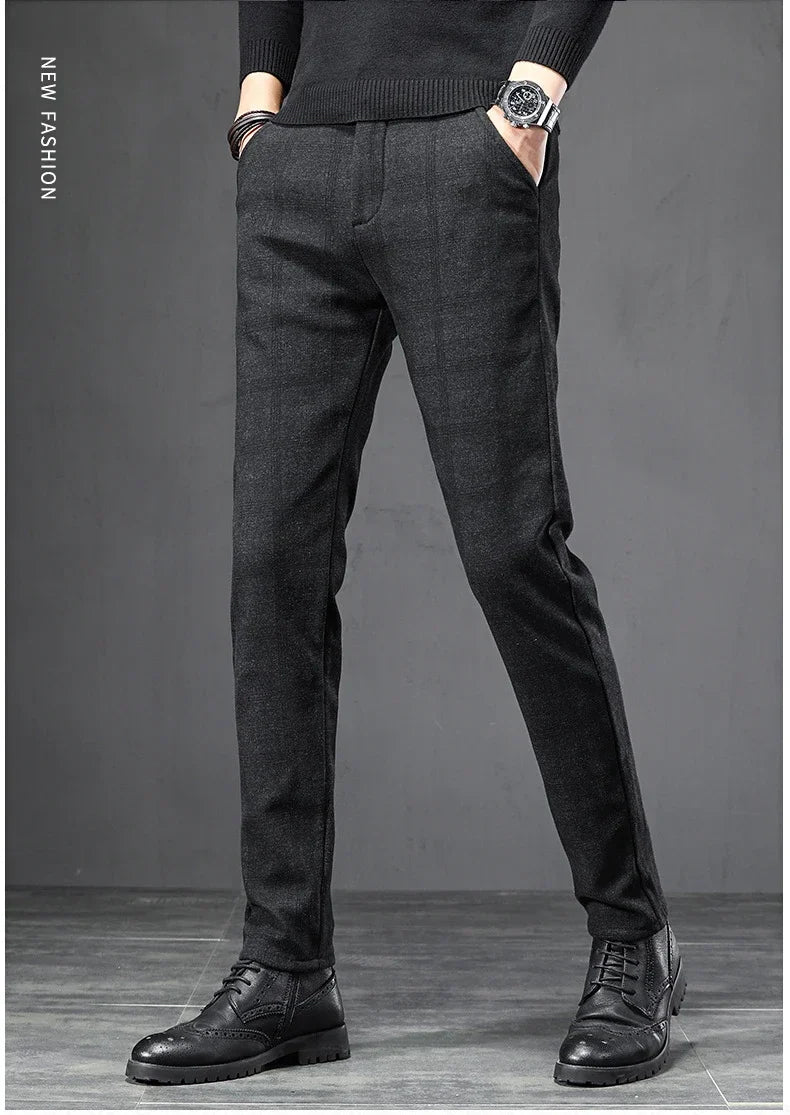 Autumn Men's Brushed Plaid Casual Pants Korean Style Gray Elastic Straight Slim Fit Fashionable Work Pants Blue and Black Male