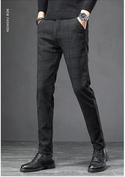 Autumn Men's Brushed Plaid Casual Pants Korean Style Gray Elastic Straight Slim Fit Fashionable Work Pants Blue and Black Male