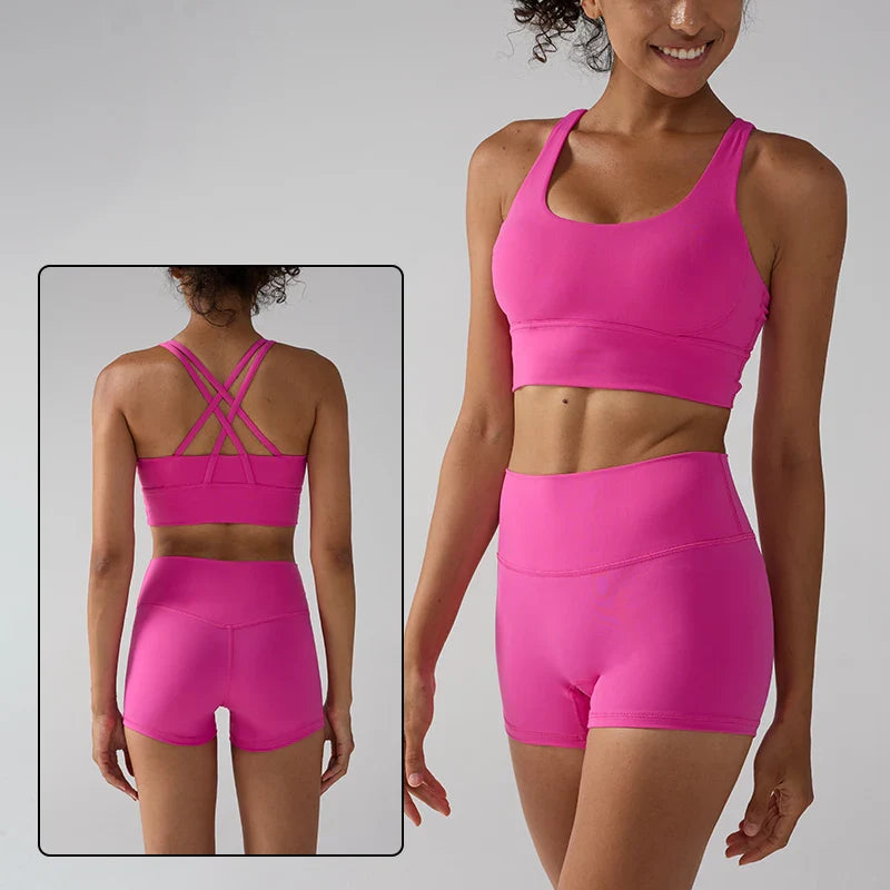 2 Pieces Solid Color Women Gym Yoga Set Cycling Short Legging Cross Sport Bra Tracksuit Suit Comprehensive Training Jog Athletic
