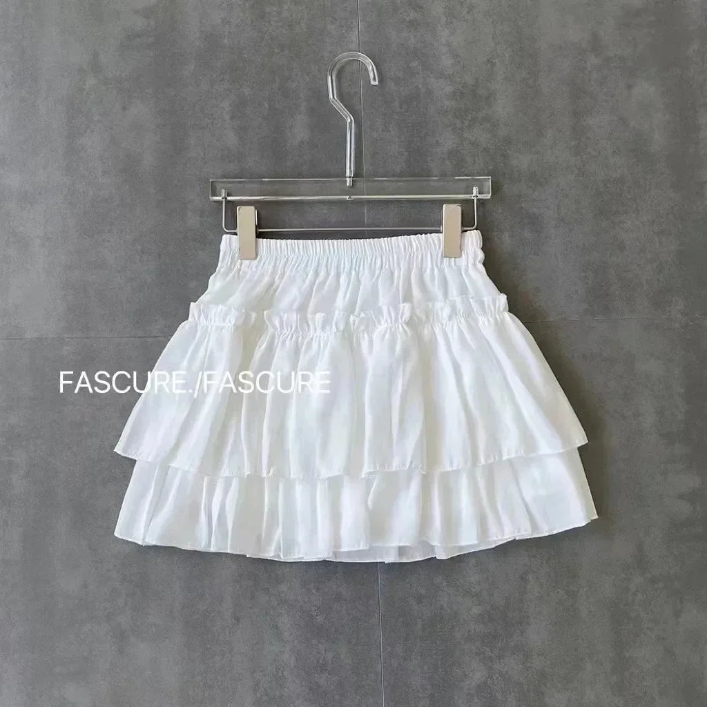 Summer Mini Pleated A-Line Skirt Adorable Flirty High Waist Ruffle Patchwork Lolita Ball Gown Y2K Korean Sweet Women's Clothing