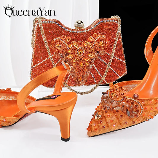 High Heel for Lady 2025 Luxury Designer Orange Color Full Diamond Pointed Toe Wedding Shoe and Bag Set for Party