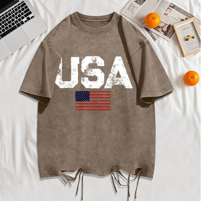 Usa Letter American Flag Printed Washed Holes T-Shirt Man Summer Cotton Loose Top O-Neck Creative Tee Unisex Vintage T Shirt