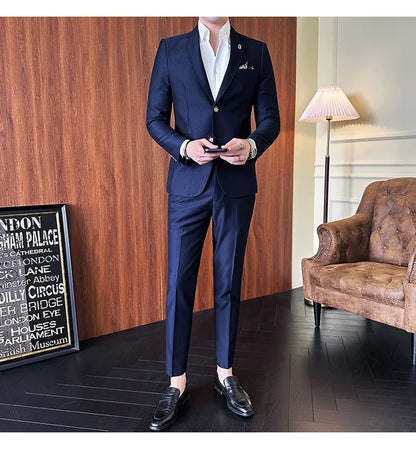 Men's Korean Style Slim Fit Suit Set, High Quality Fabric Solid Color Edge Pressing for Wedding Business