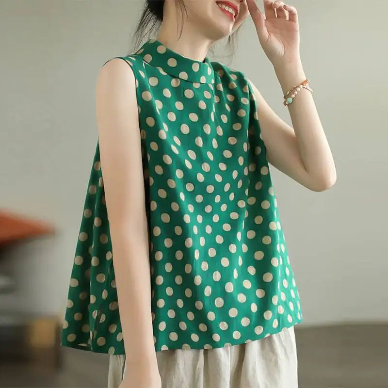 Women Dots Tank Tops 2024 Summer Sleeveless Camis Blouse Korean Fashion Round Neck Shirt Casual Loose Round Neck Tunics