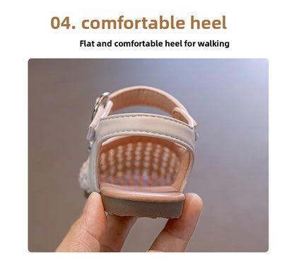 2026 Summer New Girls Woven Princess Shoes Cute Soft Sole Closed Toe Sandals Korean Style Kids Beach Shoes