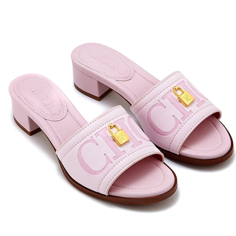 Fashion Monogram Print Elegant Design Women's Low Heeled Slippers Solid Color High Quality Metal Lock Simple Single Shoes